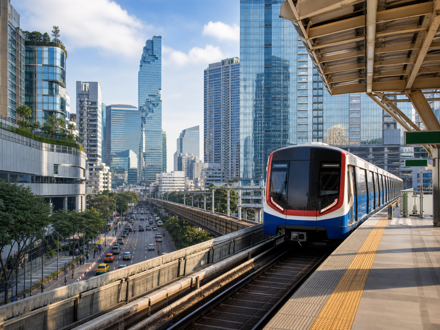 Bangkok BTS Skytrain in a modern city setting