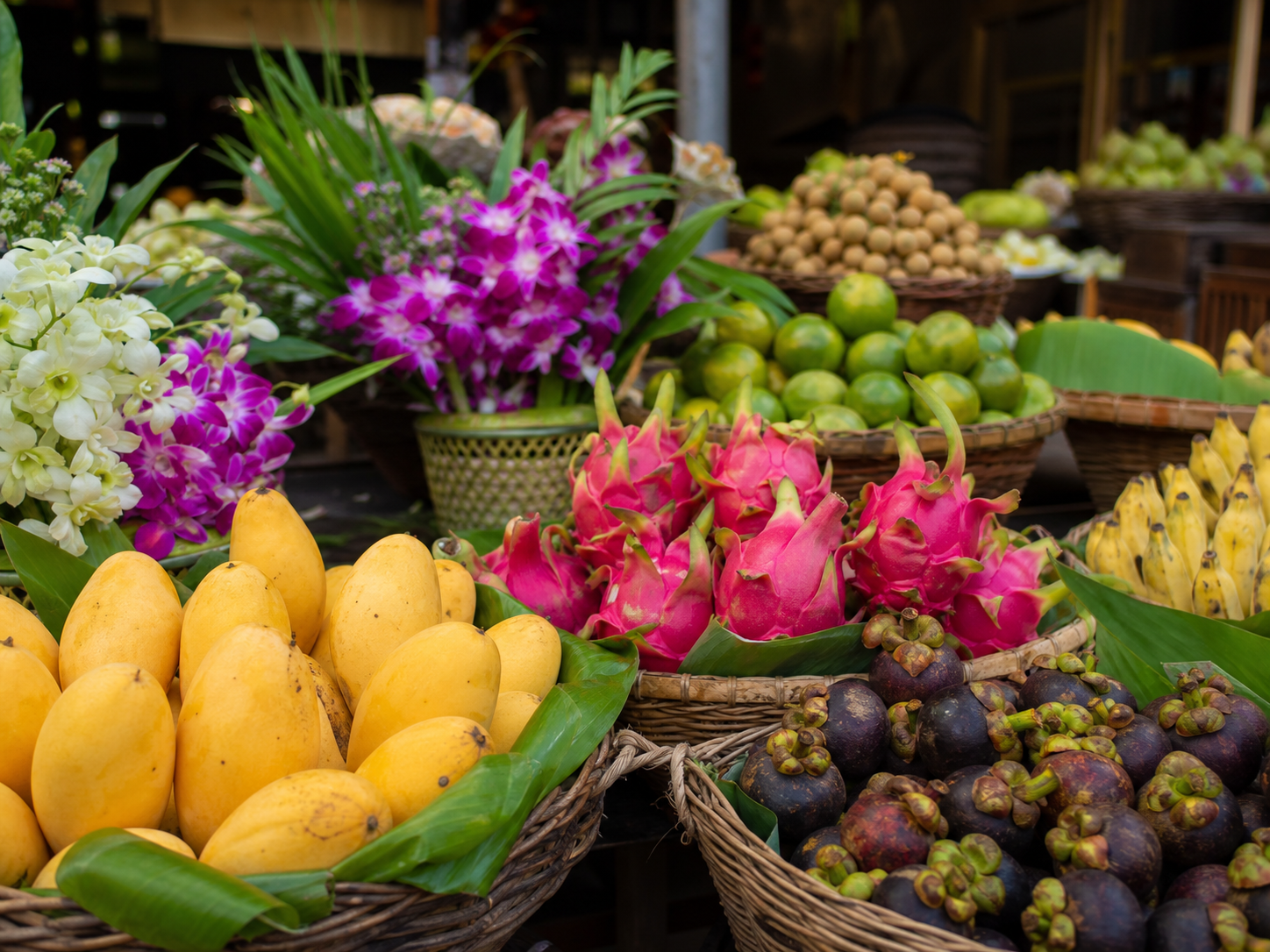 Orchids and tropical fruit