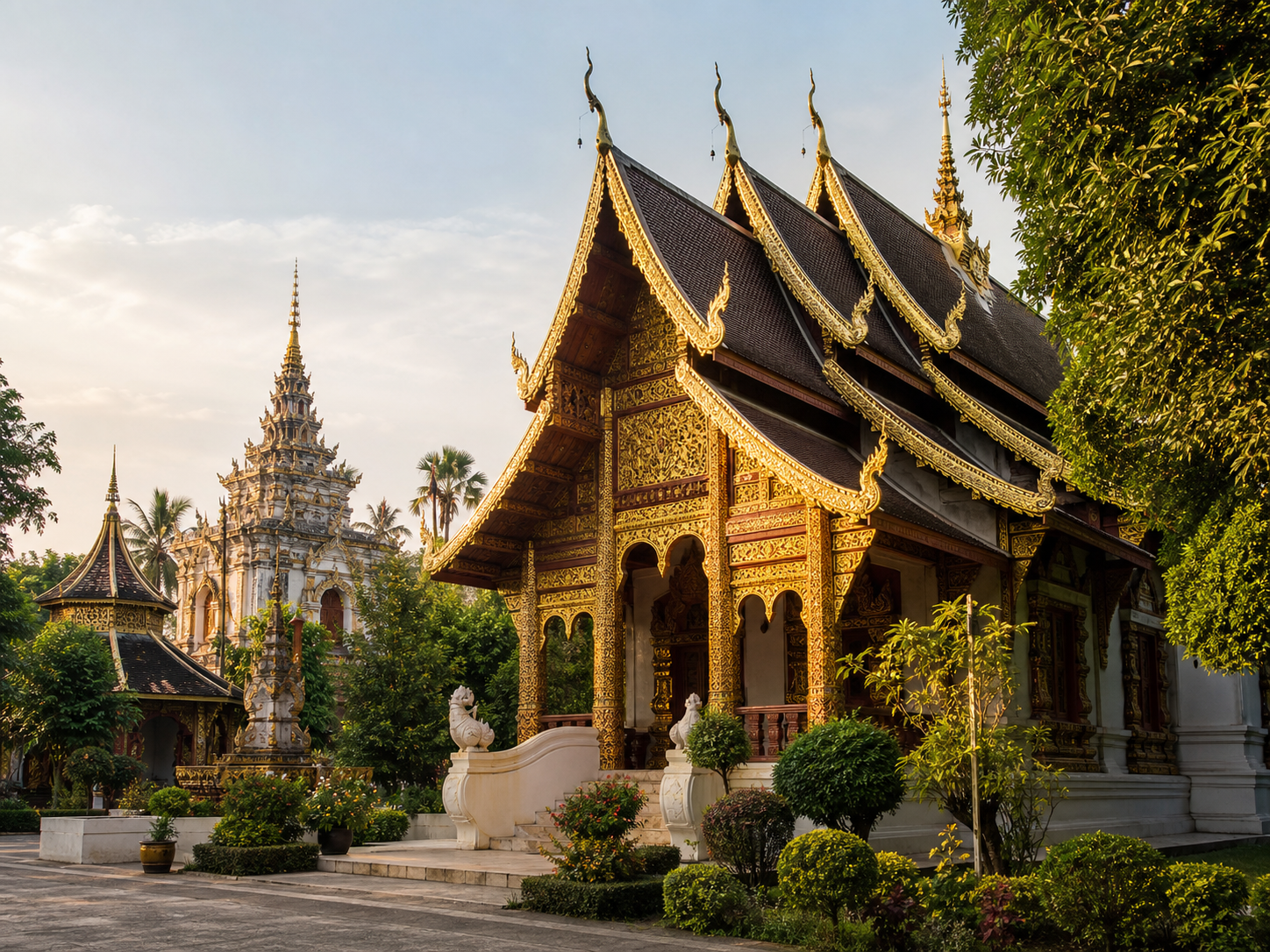 Thai temple architecture at golden hour